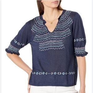 Nic+Zoe Intarsia stitches linen blend sweater navy - XS